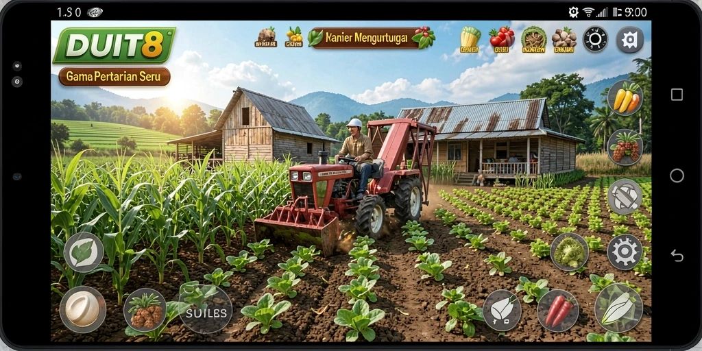 Screenshot menunjukkan gameplay bertani yang seru di DUIT8.
