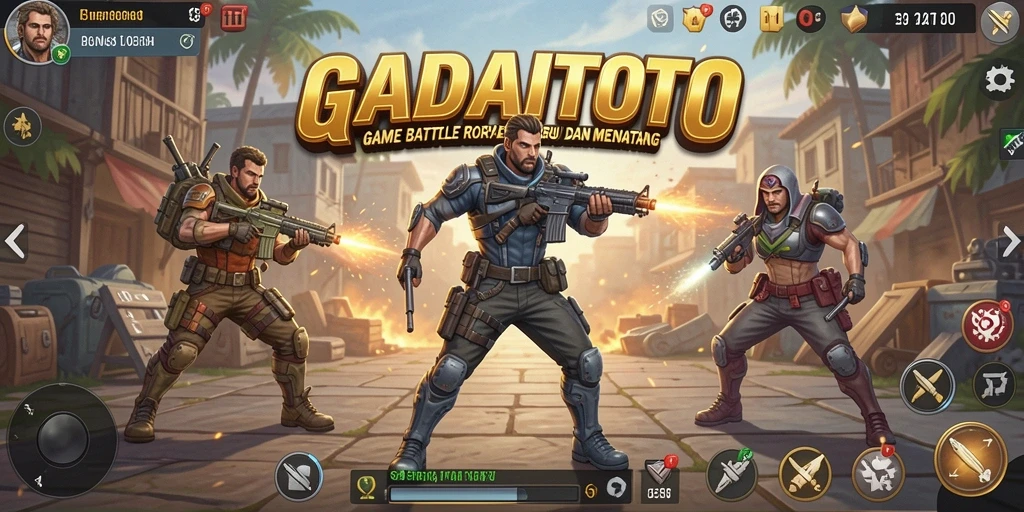 Tangkapan layar utama GADAITOTO menunjukkan aksi intens dalam permainan Battle Royale.