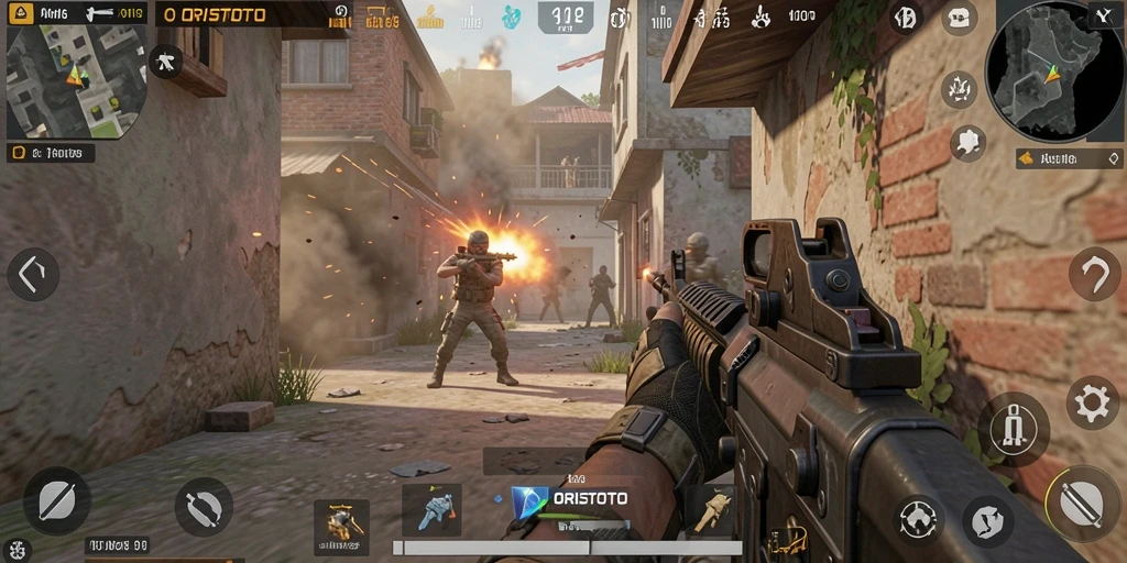 Tampilan gameplay <strong>ORISTOTO</strong> yang mendebarkan dengan aksi tembak-menembak.